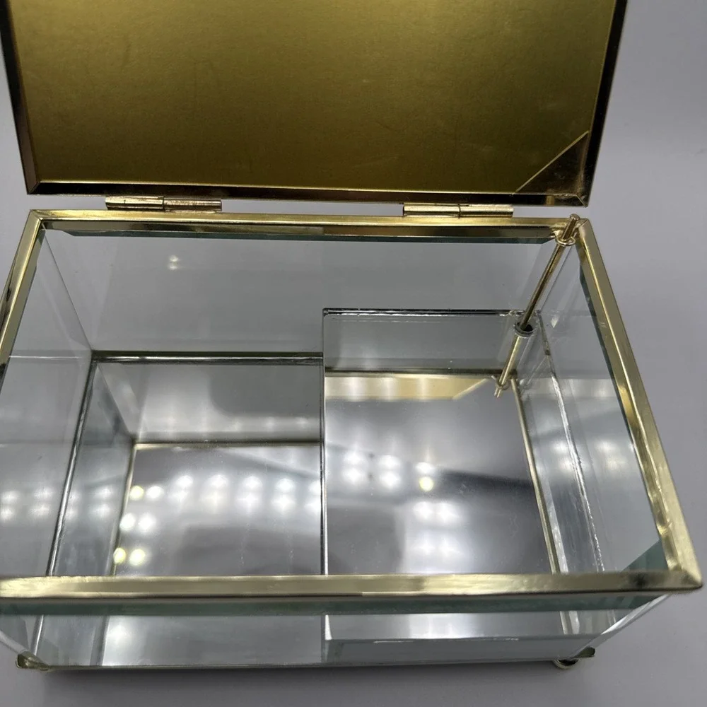 Vintage Ornate Mirrored Glass Musical Jewelry Box Gold Tone Hollywood Regency